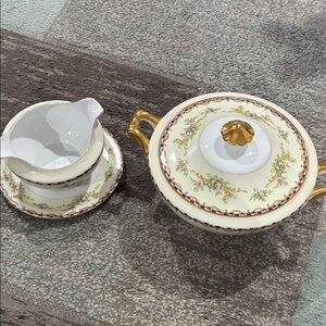 Vintage Floral Porcelain Dish Set with Gold Accents
